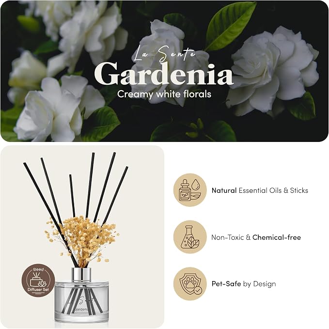 Reed Diffuser Set 6.7 fl oz (200ml) – Natural Gardenia Essential Oil Fragrance with Black Rattan Sticks & Preserved Flowers – Long Lasting Home & Office Decor Scent, Pet Safe