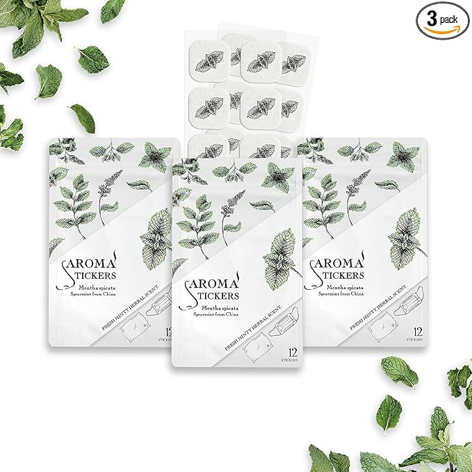 AROMA STICKERS® (Spearmint, Pack of 3) - 100% Natural Essential Oil Scented - Sticker Diffuser for Personal Space - Face Mask & Pillow - Refreshing & Focus (Pack of 3, 36 Stickers in Total)