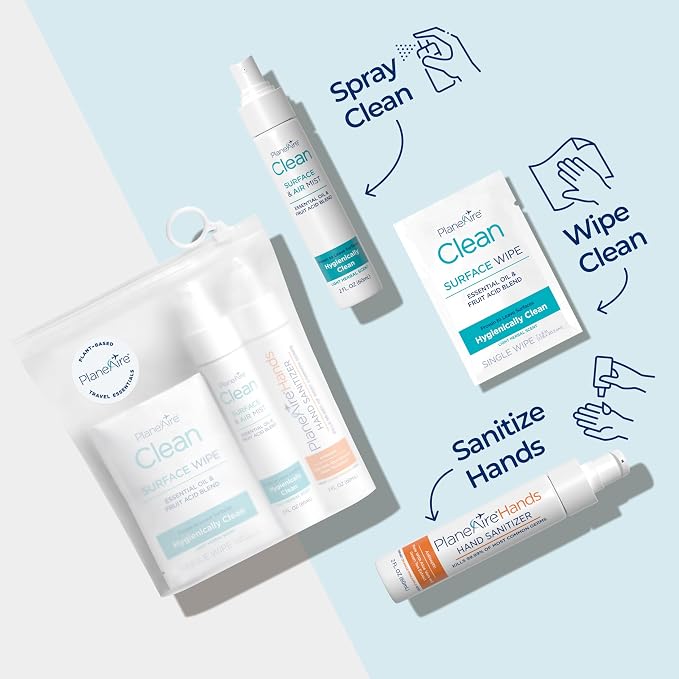 Travel Essentials | Hygiene Kit | Travel Toiletry Kit | Travel Size | Gel Hand Sanitizer Orange Pineapple Scent | Surface Wipes | Individual Travel Wipes | Surface Cleaner | Made with Essential Oils