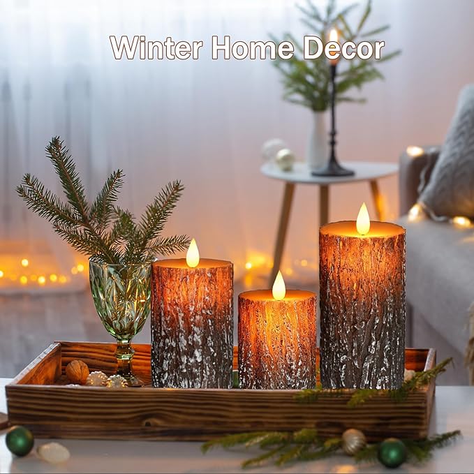 VEEKI Flameless Candles Lights, Set of 3 Battery Operated Flickering Flameless Candles with Remote & Timer, Dimmable LED Pillar Candles, Pine Bark Electric LED Candles for Christmas Winter Home Decor
