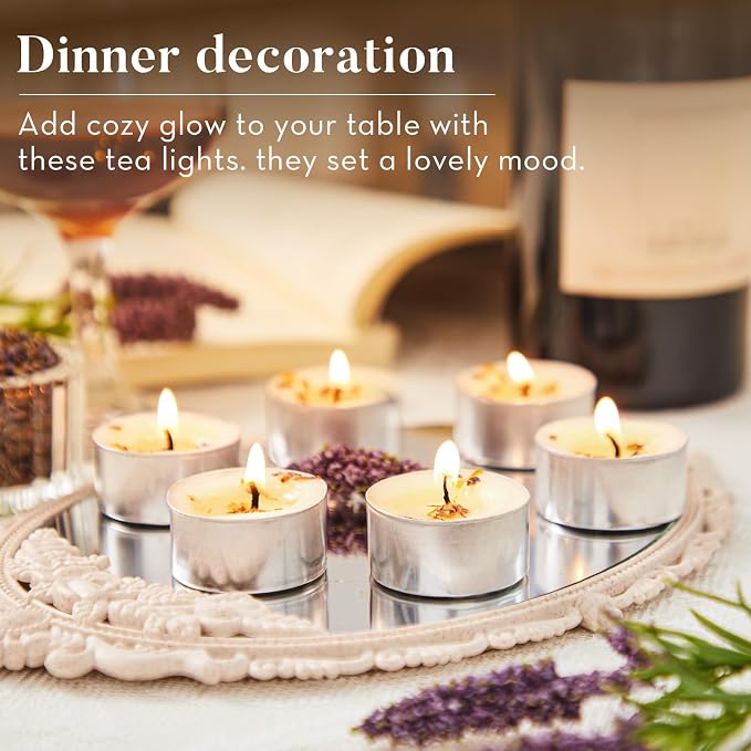8 Pack Lavender Tealight Candles with Real Dried Petals, Natural Soy Wax, 6-Hour Burn Time for Home, Wedding & Bath Decor