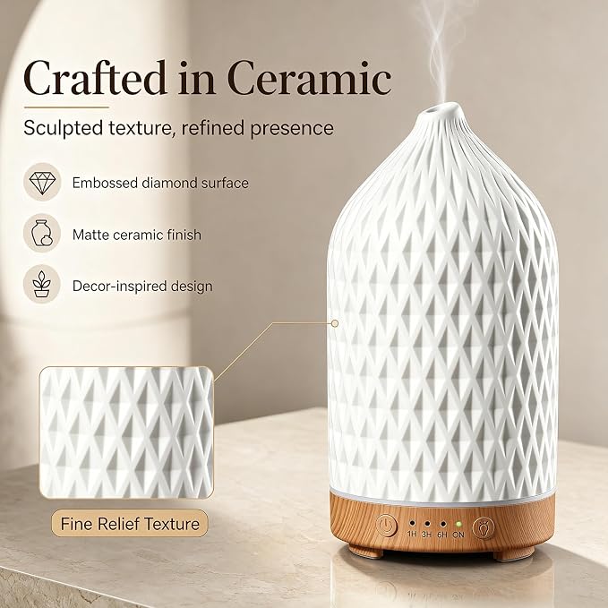 200ML Ceramic Essential Oil Diffuser - Ultrasonic Aromatherapy & Humidifier with 7-Color LED Lights, Auto Shut-Off, Rhombus, 1H/3H/6H Timer | Scent for Home,Office,Yoga