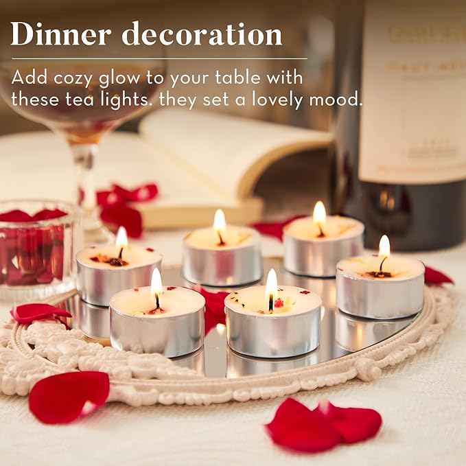 8 Pack Rose Tealight Candles with Real Dried Petals, Natural Soy Wax, 6-Hour Burn Time for Home, Wedding or Bath Decor