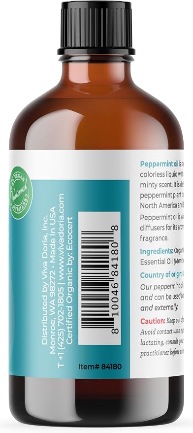 Viva Doria Peppermint Essential Oil, USDA Certified, Organic Peppermint Oil, 100% Pure, Natural Essential Oil, Undiluted, for Aromatherapy | Food Grade, 118 mL (4 Fluid Ounce)