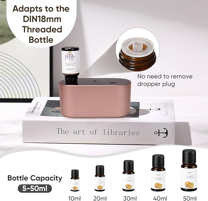 Lecdura Waterless Diffuser for Essential Oil, Battery Operated Scent Air Aromatherapy Diffuser, Mini Aroma Diffusers with 3 Intermittent Mist Modes, Cycle Start for Home Office Bedroom - Rose Gold
