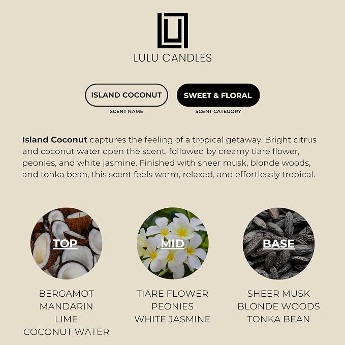Lulu Candles | Island Coconut | Luxury Scented Soy Jar Candle | Hand Poured in The USA | Highly Scented & Long Lasting (9 Oz.)