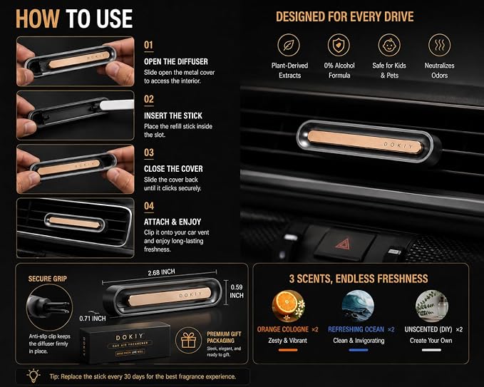 Slim Aviation Alloy Car Air Freshener, Universal Vent Clip Aroma Diffuser with 6 Refill Sticks - Orange Cologne & Ocean - Magnetic Metal Housing, Alcohol-Free Odor Neutralizer for All Standard Vents