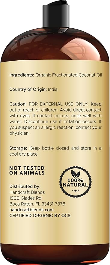 Handcraft Blends Organic Fractionated Coconut Oil | 100% Pure and Natural | Bath & Body Oil | Premium Grade Carrier Oil | Skin | Hair | Body | Massage | Hexane-Free | 28 Fl Oz