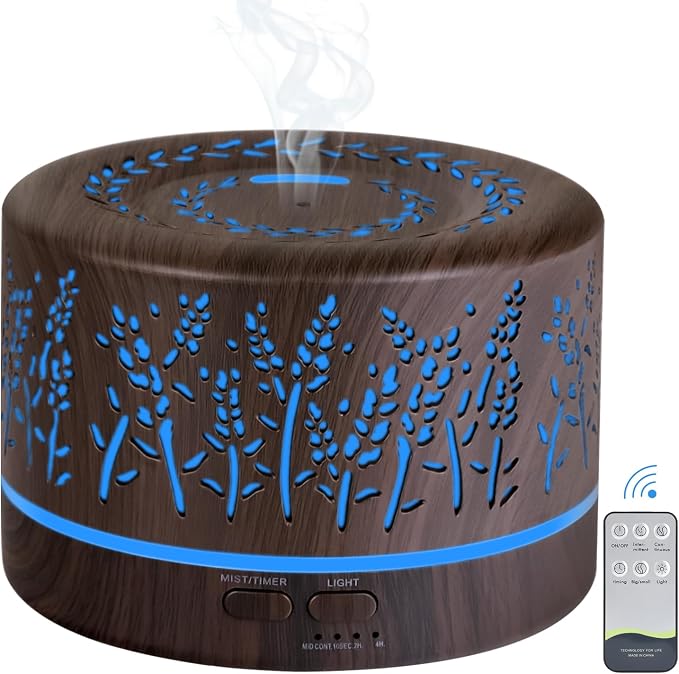 Essential Oil Aromatherapy Diffuser - 500ml Humidifier with Timer and Auto-Off Safety Switch - 7 Colors Lights - Ultrasonic Cool Mist Essential Oil Diffuser for Home Office Room (Grey)