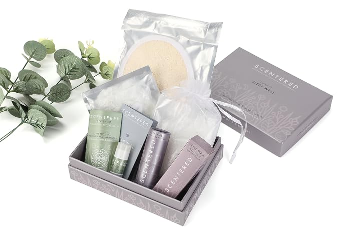 Scentered Prepare for a Great Night's Sleep Bath Set - Bath Salts, Aromatherapy Balms, Body Loofah, Hair Tie & Shower Cap - Relaxing Bath Set for Restful Sleep