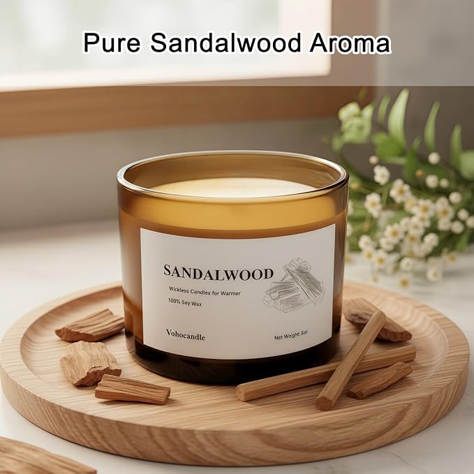 VOHO Sandalwood Wickless Candles for Candle Warmer Lamp, 9oz Soy Candle with Stirring Spoon & Lid, Sandalwood Candles for Men Gifts & Room Fragrance, Wickless Scented Candles for Candle Lamp Warmer