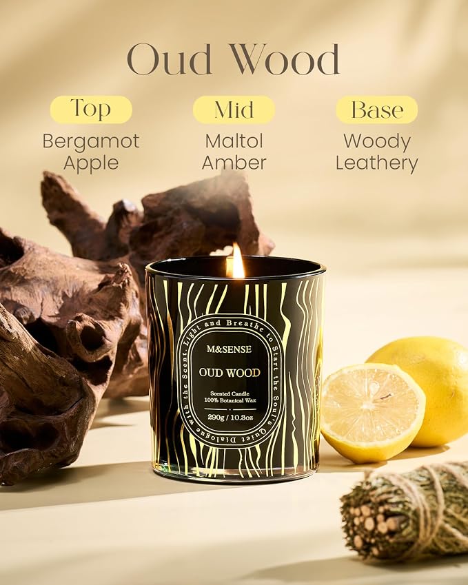 M&SENSE Oud Wood Soy Candle, 55H Long Burning Gift | Clean Soy Wax Slow Burn, Date Night Luxe Feel, Relax Calm Home Fragrance, Reusable Golden Stamped Keepsake Jar