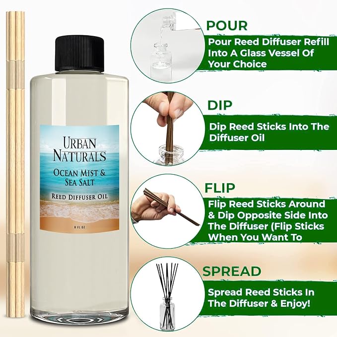 Urban Naturals Reed Diffuser Oil Refill Ocean Mist Sea Salt with Salt Spray, Violet Leaf, Sea Grass, Driftwood 8 oz + Free Reed Sticks, Made in the USA