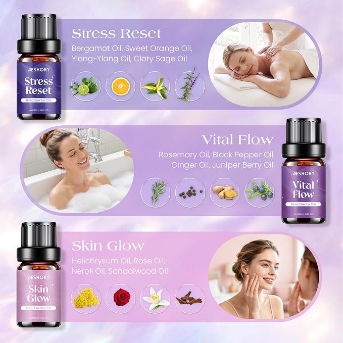 AESHORY Well-Aging Essential Oils Set, 6 Premium Aromatherapy Blend Oils for Diffusers for Home, Self Care & Relaxation Gift for Women, Good Sleep, Stress Reset, Vital Flow, Skin Glow, 6 x 10ML