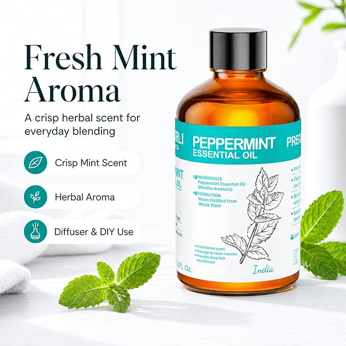 Peppermint Essential Oil 3.38 fl oz, Mint Essential Oil with Dropper for Diffuser, Hair Care, Skin Care, Massage, Cleaning, Candle Making and Soap Making