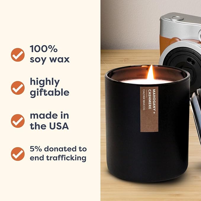 Calyan Wax Co. Mahogany & Cashmere Scented Candle - 75 Hour Burn - Luxury Clean Soy Wax Candles - Long Lasting Black Tumbler Jar Candle for Home - 10.2oz