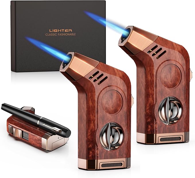 2-Pack Torch Lighter with Windproof Jet Flame, Holder, Built-in Cutter, All-in-one Lighter Accessories, Lighters for Men with Gift Box, Refillable Butane Lighter for Candle, Outdoors