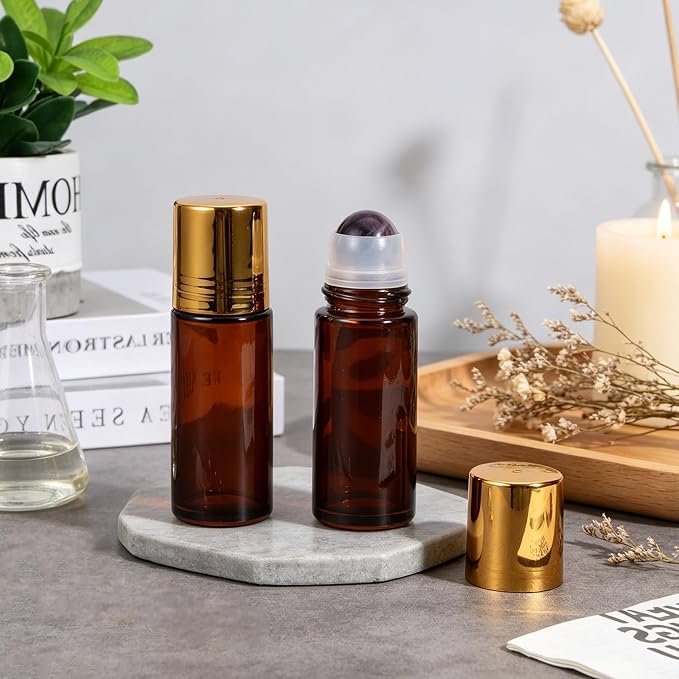 2 Pack 1.7oz Large Amber Glass Roll on Bottles for Essential Oils, Refillable Roller Ball Applicator with Purple Crystal Rollerball, Perfume Deodorant Containers, Leak-Proof for Aromatherapy&Skincare