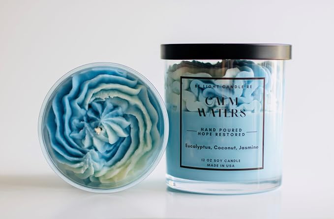 Coastal Beach Candle | Purpose-Driven Soy 12oz Scented Non-Toxic | Gifts for Women | Blue Aesthetic | Decorative Cute Candle | Be Light Candle RE (Calm Waters)