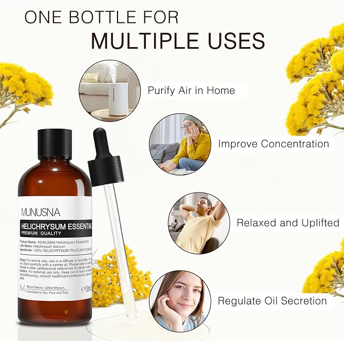 Helichrysum Essential Oil 100ML, 100% Pure Natural Helichrysum Oil Premium Grade Aromatherapy Oil for Hair Face Skin Body Care, Diffuser, Massage, Home, Soap and Candle Making