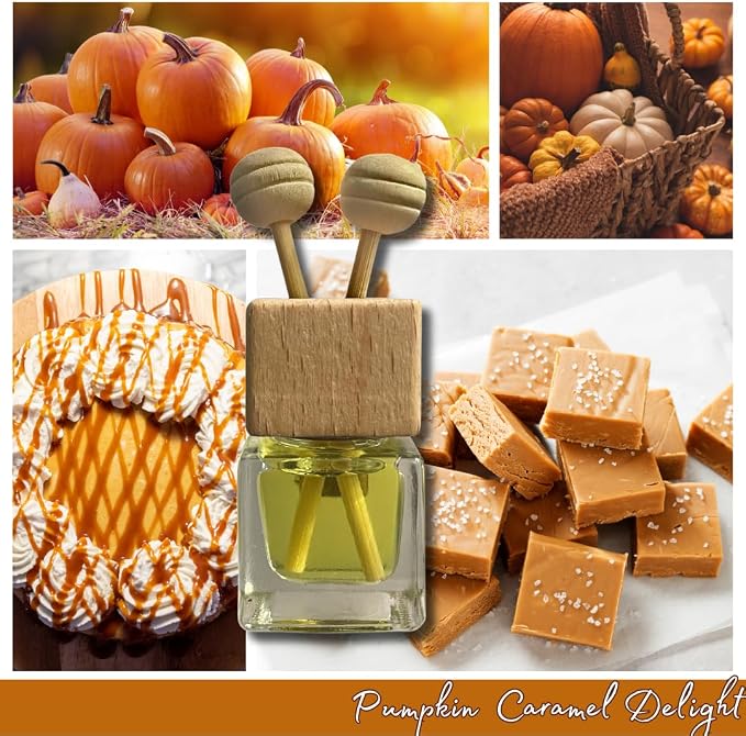 Cute Refillable Car Air Freshener Vent Clip 8mL – Pumpkin Caramel Delight – 15mL Refill Included – Long Lasting Fragrance Oil Diffuser – 100% American Handmade Odor Eliminator
