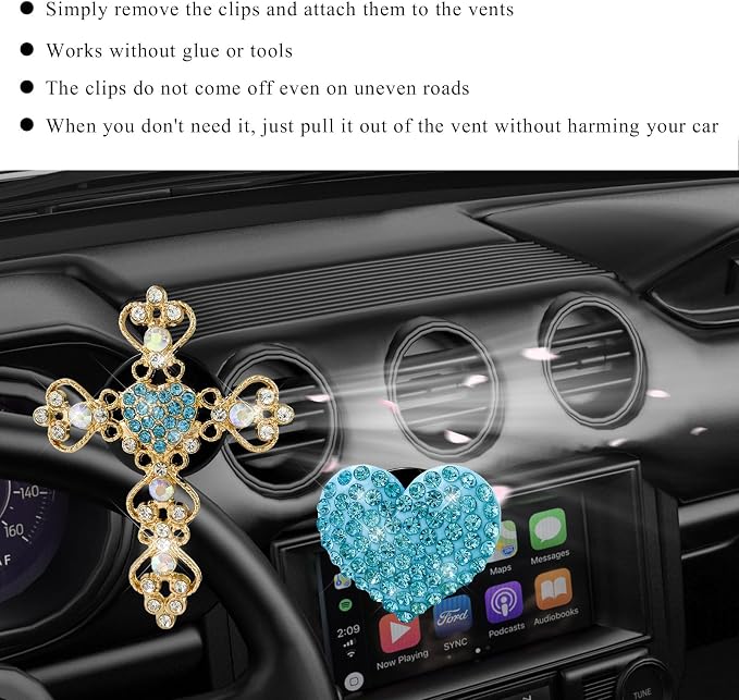 2 PCS Bling Car Vent Clip, Crystal Rhinestone Cross and Heart Car Air Fresheners Vent Clips, Diamond Car Air Conditioner Outlet Decoration Charm for Women, Car Accessories (Blue)