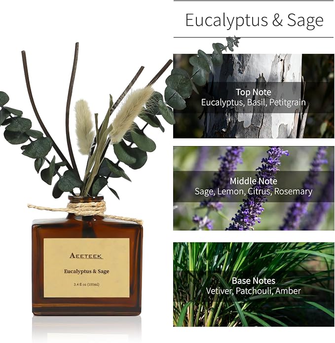 Reed Diffuser, Sage & Eucalyptus Essential Oil Diffuser for Bathroom, 3.4 oz Scented Diffusers, Long-Lasting Fragrance for Home Decor with Dried Flowers