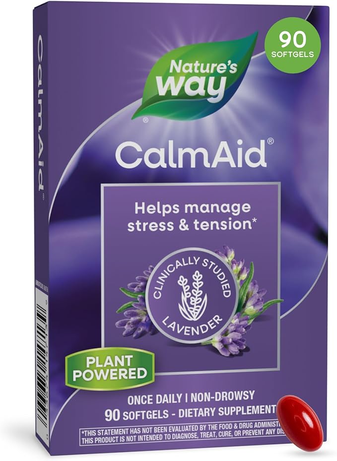 Nature's Way CalmAid Lavender Oil Supplement for Calm & Stress Support*, Clinically Studied Silexan Lavender Oil, Non-Drowsy, Daily Softgels, 90 Count