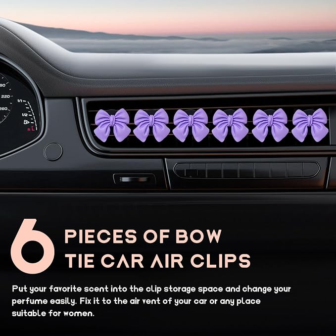 KVAEY 9 PCS Pink Bow Car Air Freshener, Automotive Cute Pink Bow Air Outlet Clips with Scent Pieces, Universal Coquette Car Air Vent Diffuser for Women and Girls (Purple)