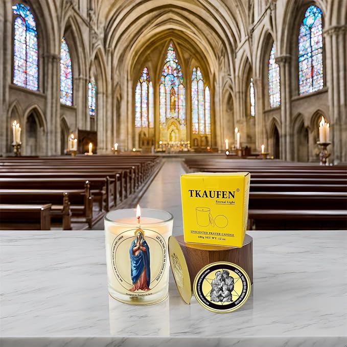 Mother Virgin Mary Candle 50 Hours with Warmer Ring│Natural Soy Wax│Catholic Ritual, Family Protection, Spiritual Guidance, Miraculous Blessing, Eternal Love, Grief Comfort│Design in Paris│3“×3.6”