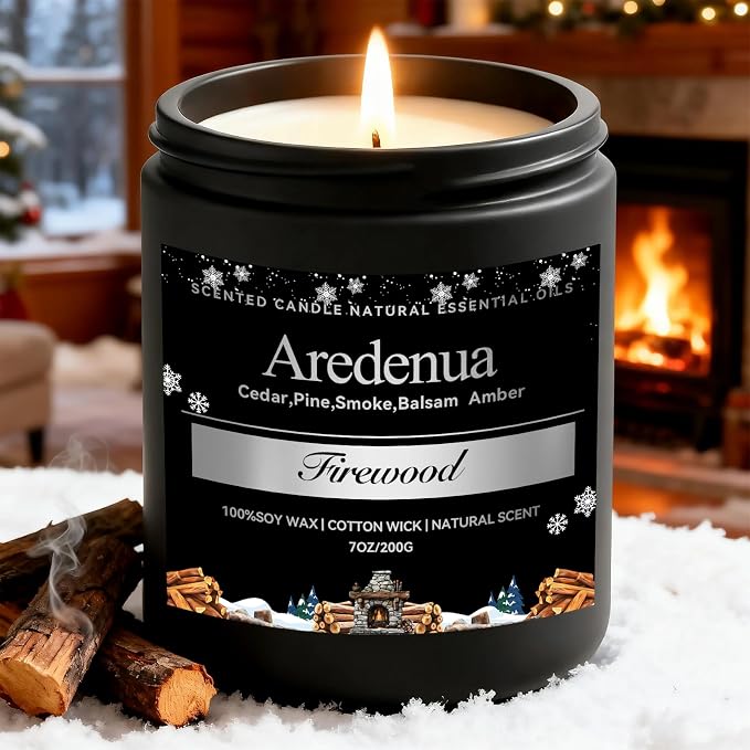 Firewood Candle – Winter Candles | Holiday Scented Candles, 7oz Jar Soy Candle for Home Scented - 50H Burn - Smoky Fireplace Cozy & Warm Scent, Christmas Holiday Décor Gifts for Women & Men