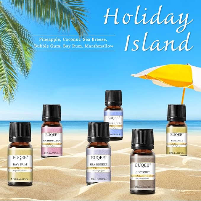 EUQEE Summer Fragrance Oil Gift Set of 6，Holiday Island Essential Oils Set for Humidifier, Aromarathepy-Pineapple, Coconut, Sea Breeze, Bubble Gum, Bay Rum, Marshmallow(10ml)
