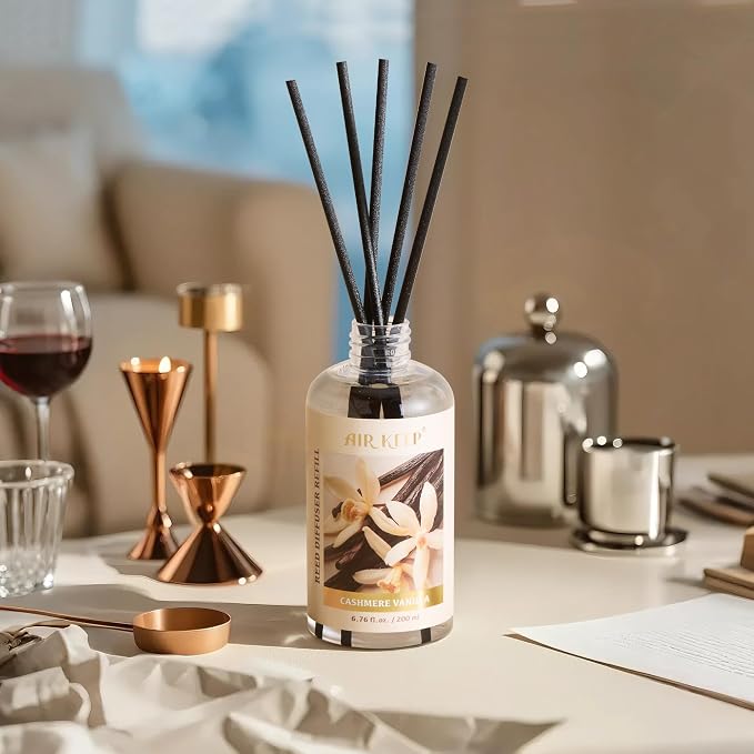 Airkeep Reed Diffuser Oil Refill with Diffuser Sticks, 6.76 Fl Oz(200ml) Cashmere Vanilla Scented Oils, Aroma Therapy, Home Fragrance & Air Freshener, Office Décor, Decoration