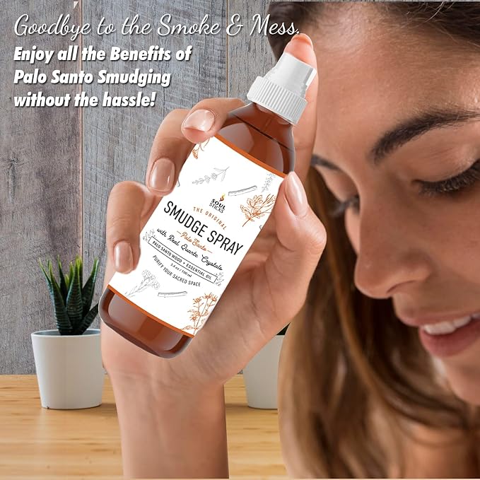 SOUL STICKS Palo Santo Smudge Spray – 3.5oz Smokeless Energy Mist with Quartz Crystals – Non-Toxic Cleansing Spray for Room, Meditation, Travel, Spiritual Rituals & Aura Purification