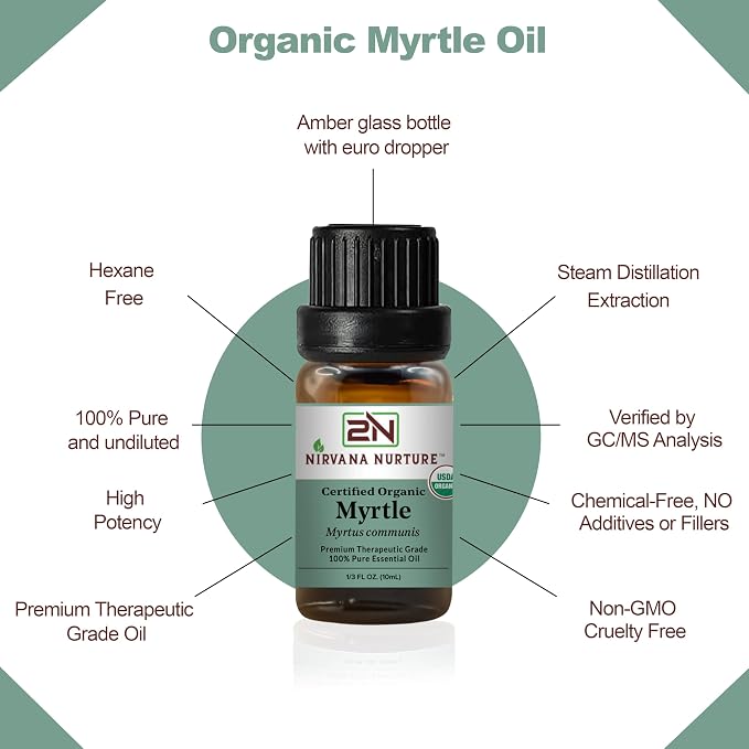 Myrtle Essential Oil, USDA Certified Organic, 100% Pure Undiluted, Aromatherapy Oil for Diffuser, Hair & Skin Care