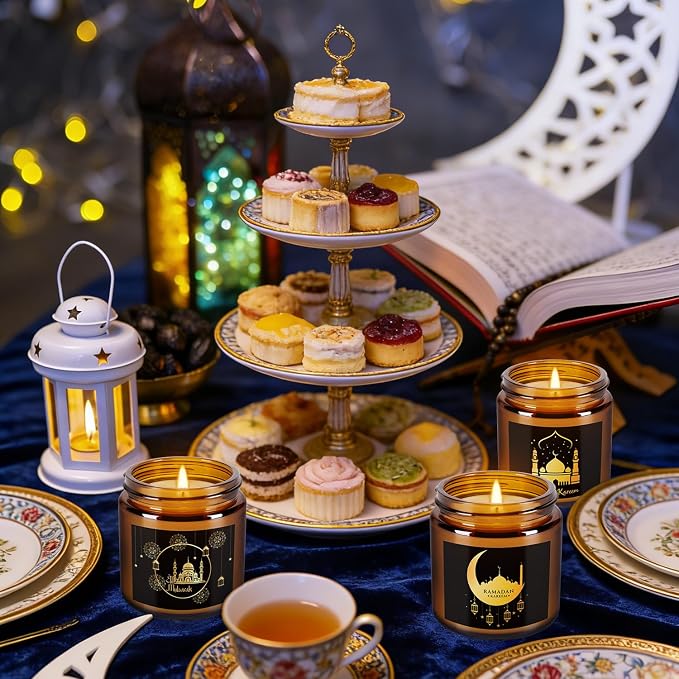 12 Pcs Ramadan Mubarak Scented Candle Set - Eid Candles for Home Decor, Aromatherapy Islamic Gifts for Women & Family, Mosque-Inspired Jar with Islamic Lanterns & Stars, Brown Soy Wax
