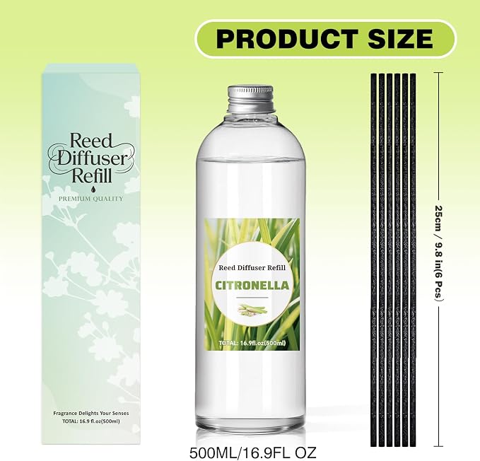SCENTORINI Reed Diffuser Oil Refill, 16.9oz Citronella Scented Essential Oil with 6 Sticks, Summer Lemongrass Scent Home Fragrance for Large Space, Bathroom, Spa Room, Hotel, Patio, Outdoor, Office