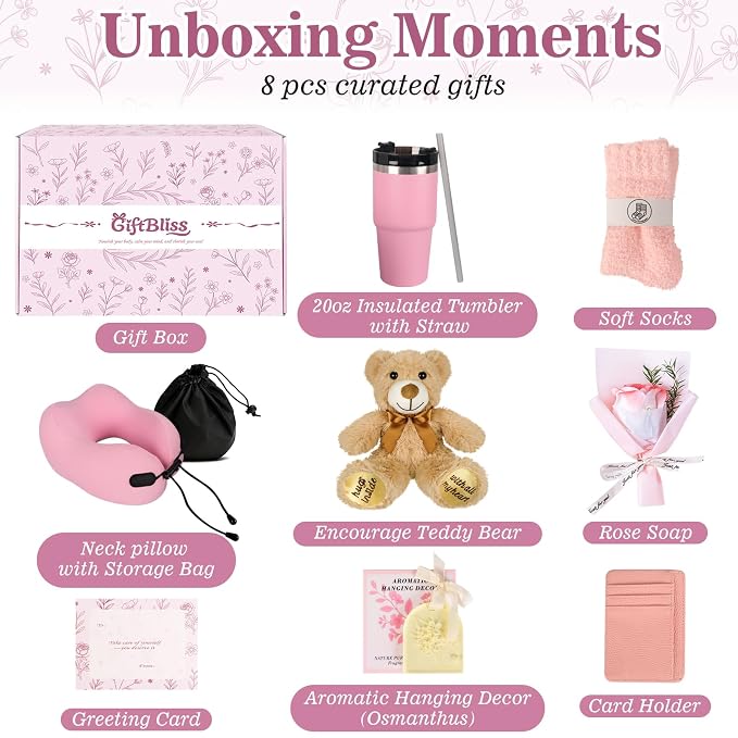 Mother‘s Day Gift for Her, 8PC Thinking of You Gift Basket for Women, Girlfriend, Wife, Self Care Gifts for Women, Get Well Soon Gift Baskets for Women, Birthday Gift Care Package Gifts Set for Her