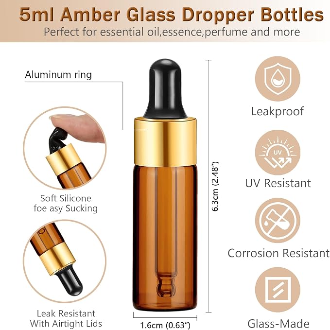Elfenstall- 10Pcs 5ml Amber Dropper Bottles Small Empty Glass Bottle Sample Containers Liquid Vials for Perfume Essential Oils Cosmetic Aromatherapy Lab and Travel