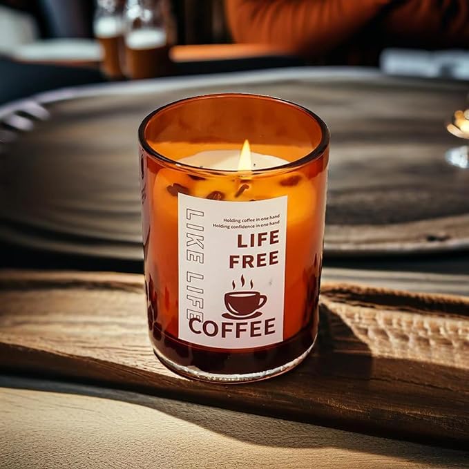 Natural Coffee Scented Candle in Orange Glass,Real Beans Inside! Smokeless Soy Wax Aroma Candle Gift for Coffee Lovers,Home Bedroom Decor,Wedding Props,Aromatherapy Must-Have