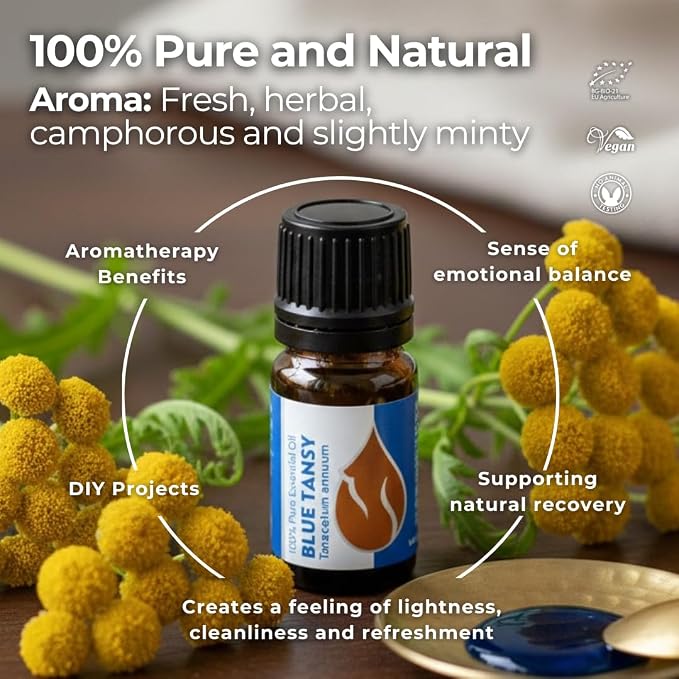Essences Bulgaria Organic Blue Tansy Essential Oil 0.17 Fl Oz | 5ml | Tanacetum annuum | 100% Pure | Natural | Undiluted | Therapeutic Grade | Aromatherapy | Cosmetics | Cruelty Free | Non-GMO | Vegan