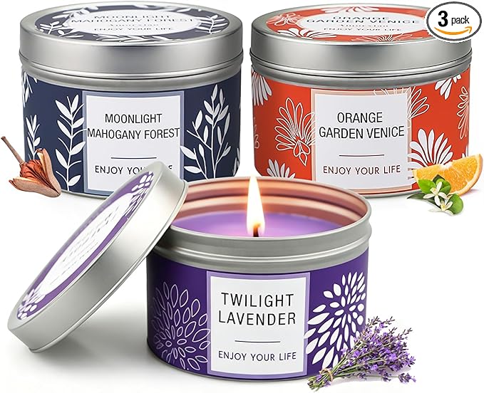 Scented Candle Gift Set for Women, 3 Pack Large Soy Wax Candles in Tins, 6.2 oz Each, 30-35 Hr Burn, Lavender, Orange Blossom & Mahogany Woods