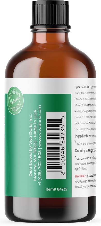 Viva Doria Spearmint Essential Oil, 100% Pure, Natural Spearmint Essential Oil, Spicata Type, Undiluted, for Aromatherapy | Food Grade, 118 mL (4 Fluid Ounce)