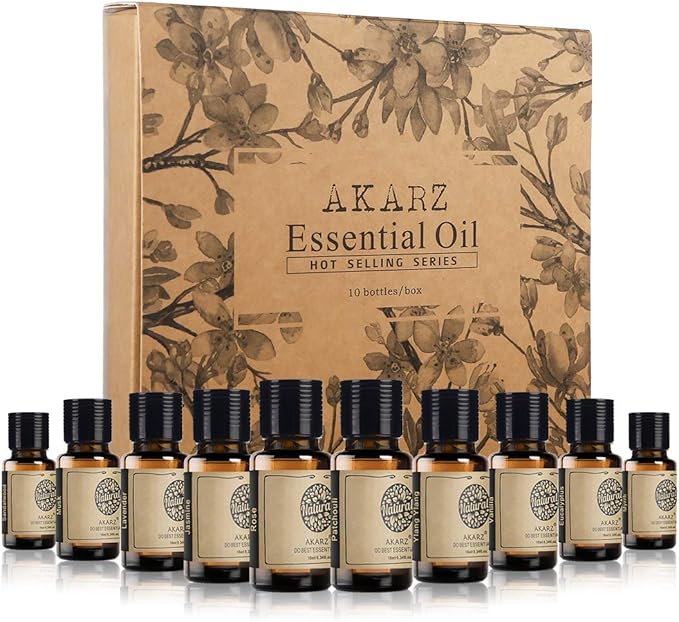 AKARZ 10 Packs Essential Oils Set, 10x10ml Aromatherapy Collection for Diffuser, Home, Candle & Soap Making - Top Scent Kit with Lavender, Vanilla & More