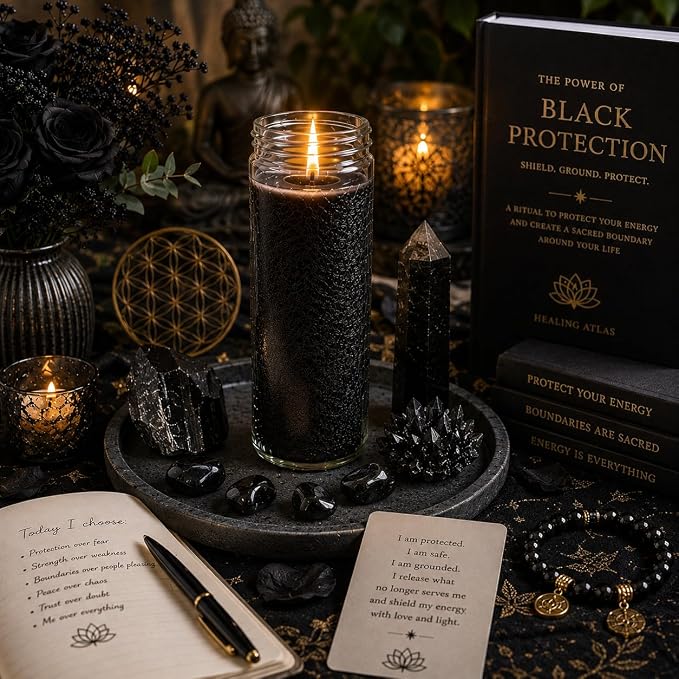 Black Protection Manifestation Candle Kit – 8" Ritual Prayer Candle with Intention Scrolls, Pencil & QR Guide for Protection, Energy Cleansing & Spiritual Defense
