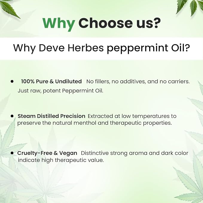 dève herbes Peppermint Essential Oil (Mentha piperita) Pure | Non-Sticky | Non-Greasy | Lightweight | Men & Women | All Skin Types | Steam Distilled 30ml (1 oz)