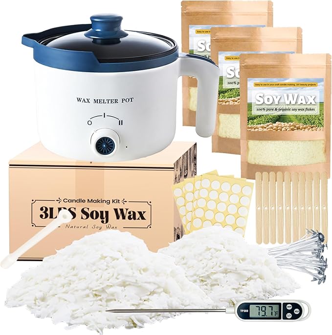 Soy Wax for Candle Making Kit - DIY Soy Candle Making Supplies with 3lbs Natural Soy Wax Flakes, Electric Wax Melter, Thermometer, Wicks, Perfect for Making Your Own Candles