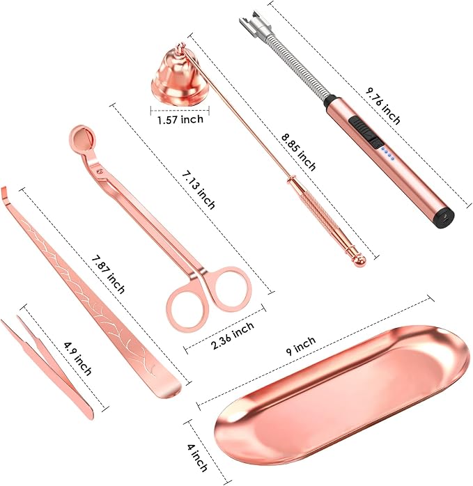 6 in 1 Candle Accessory Set,Candle Wick Trimmer Cutter,Candle Wick Dipper,Candle Wick Snuffer, Rechargeable Candle Lighter,Storage Tray Plate,Tweezers,Stainless Steel Candle Care Kit Gift