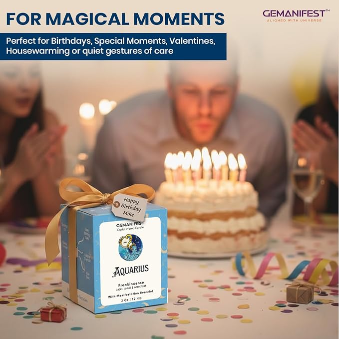 Aquarius Zodiac Candle with Amethyst Bracelet Frankincense Scented Soy Candle Birthday Spiritual Astrology Birthstone Gifts for Women Men for Manifestation and Healing