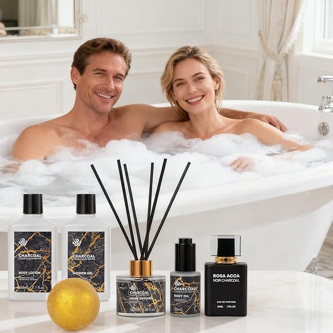35 Pcs Charcoal Bath & Body Gift Basket for Women & Men, Mother's Day Gifts, Face Skin Care Kit, Home Spa Basket Gift, Self-Care Gift, Bath Bomb, Birthday, Christmas, Anniversary, Valentines, Wife